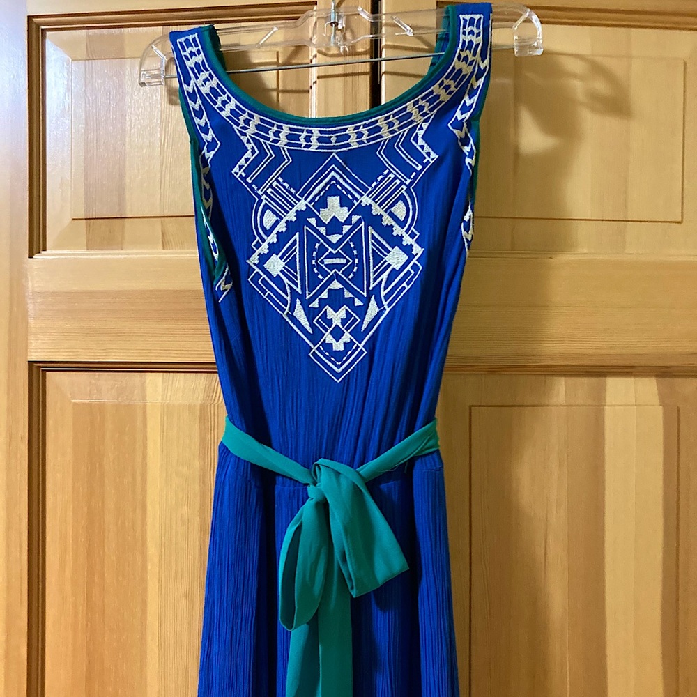 Embroidered blue long dress with sash